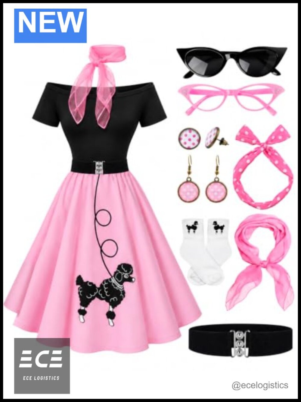 1950s Poodle Skirt Outfit Set Off Shoulder Top Sock Hop